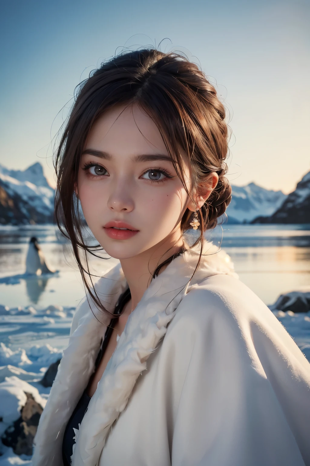1 girl, beauty in the arctic, Exquisite eyes,beautiful and delicate lips,very detailed 눈과 얼굴,long eyelashes, with short permed hair, enchanted scenery,(best quality,4K,8 thousand,high resolution,masterpiece:1.2),very detailed,(realistic,realistic,realistic:1.37), dynamic pose, flock of penguins, fur-clad,