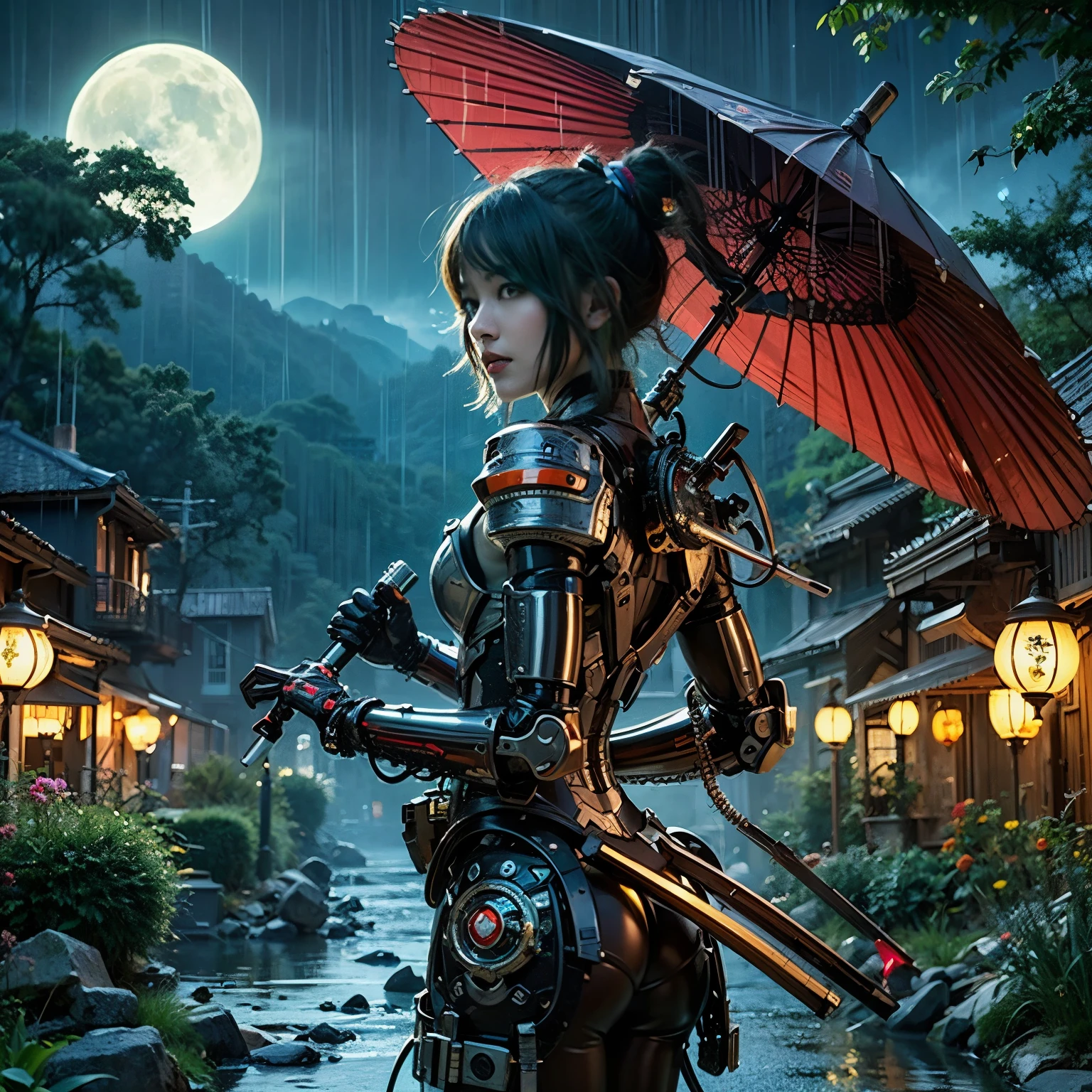 (top-quality:1.2, masterpiece)、ultra high resolution、extremely ultra surrealism, (Photorealsitic:1.4)、Raw photo、(Steampunk Battle Cyborg fallen angel)、large wings made of metal、black porcelain body、red  hair、glowy skin、1 Cyborg girl、(mechanical frame:1.3)japanese, extremely cute face,  ((super realistic details))、portrait、globalillumination、Shadow、octan render、8K、ultrasharp、character edge light、Details of complex ornaments、Acrylic Clear Cover、Sumerian details、Hydraulic cylinder、Small LED lamp、highly intricate detail、Realistic light、a purple eye、radiant eyes、Facing the camera、neon details、cowboy  shot、Futuristic headgear、About Cyberpunk