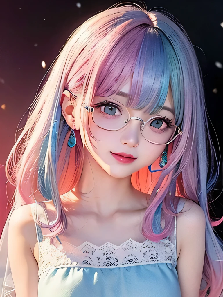 small face、 (alone:1.5,)Super detailed,bright colors, very beautiful detailed anime face and eyes, look straight,  shiny_skin,girl, (((rainbow colored hair, colorful hair, Half blue、half pink hair: 1.2))), 、shiny hair, delicate beautiful face, blush、Glasses、(turquoise eyes), , Valletta, earrings,、flower garden、sunset、(（(Stylish lace mini skirt,Translucent shirt)))、（twin tails）、（smile、happy face、face dyed red）、cheerful pose、dynamic、Upper body