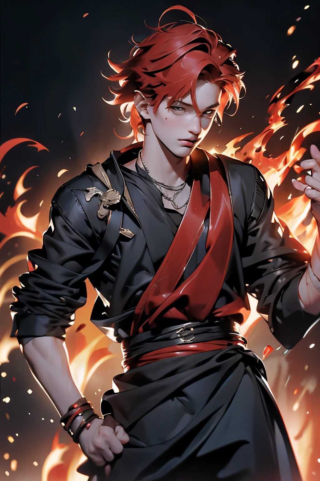 A boy with red hair looks to the right against the backdrop of a flame background. The flames dance and flicker around him, casting an orange and red glow on his cute, freckled face. The scene is captivating and full of energy, with the boy's curious expression adding to the intrigue. The high-resolution image showcases every detail of his realistic features, from the texture of his red hair to the definition of his facial features. (Photorealistic: 1.4, Ultra High Resolution, RAW Photography, Best Quality: 1.4)