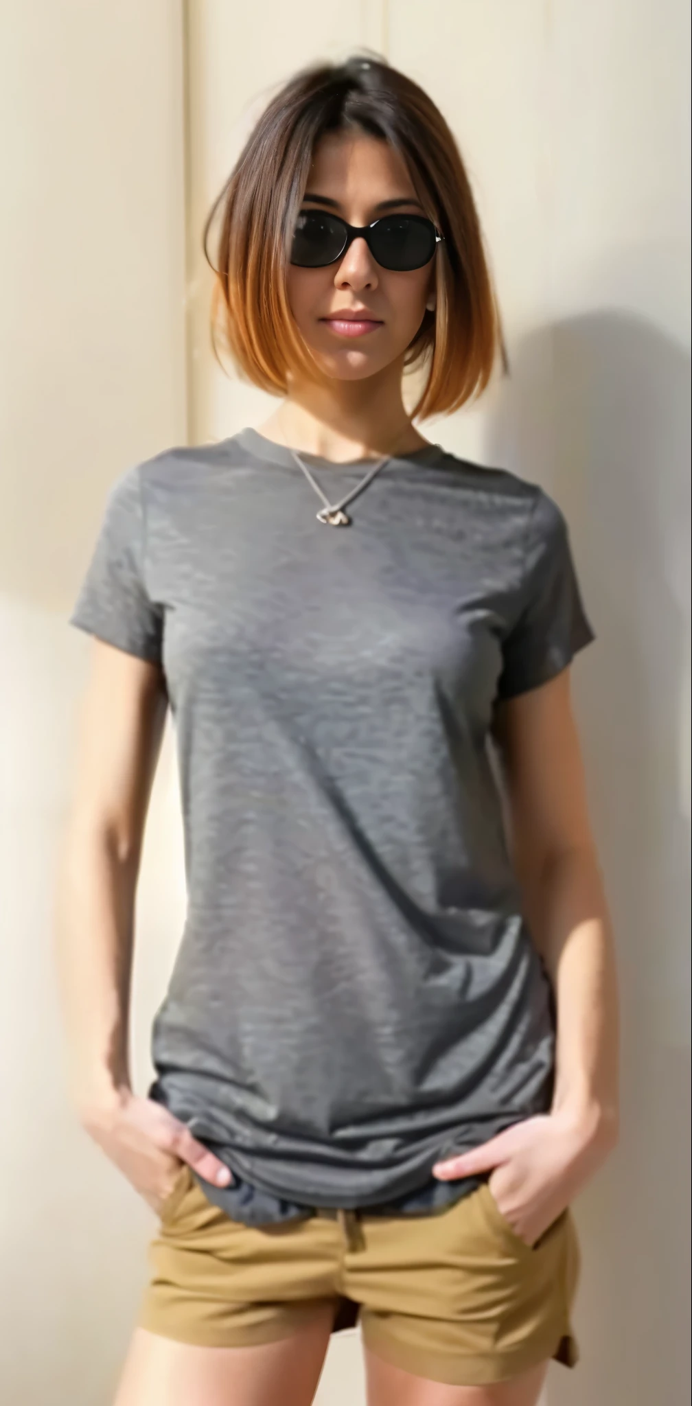 arafed woman in a camisa cinza and tan shorts posing for a picture, camisa cinza, wearing a camiseta, garota atraente, androginia, androgynous person, androgynous, mulher baixa e robusta, roupas cinza, camiseta, camiseta, vestindo uma camiseta preta, Minimal clothing, wearing a black camiseta, vestindo camiseta preta