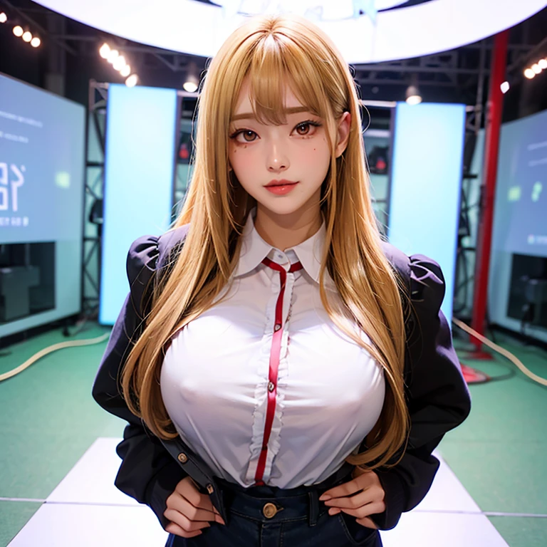 masterpiece, highest quality,  disorganized, looking at the viewer, alone, rita rossweisse (summer night&#39;s dream), rita rossweisse, shirt, pantyhose, red rose, red eyes, blonde hair, long sleeve, mole under eye, hair above one eye,  frilled shirt, white shirt,  enchanting smile,  (Ulzzang-6500:0.8), long hair, Day, 屋外  black pantyhose、super huge breasts、Super big breasts、very big 、saggy breasts