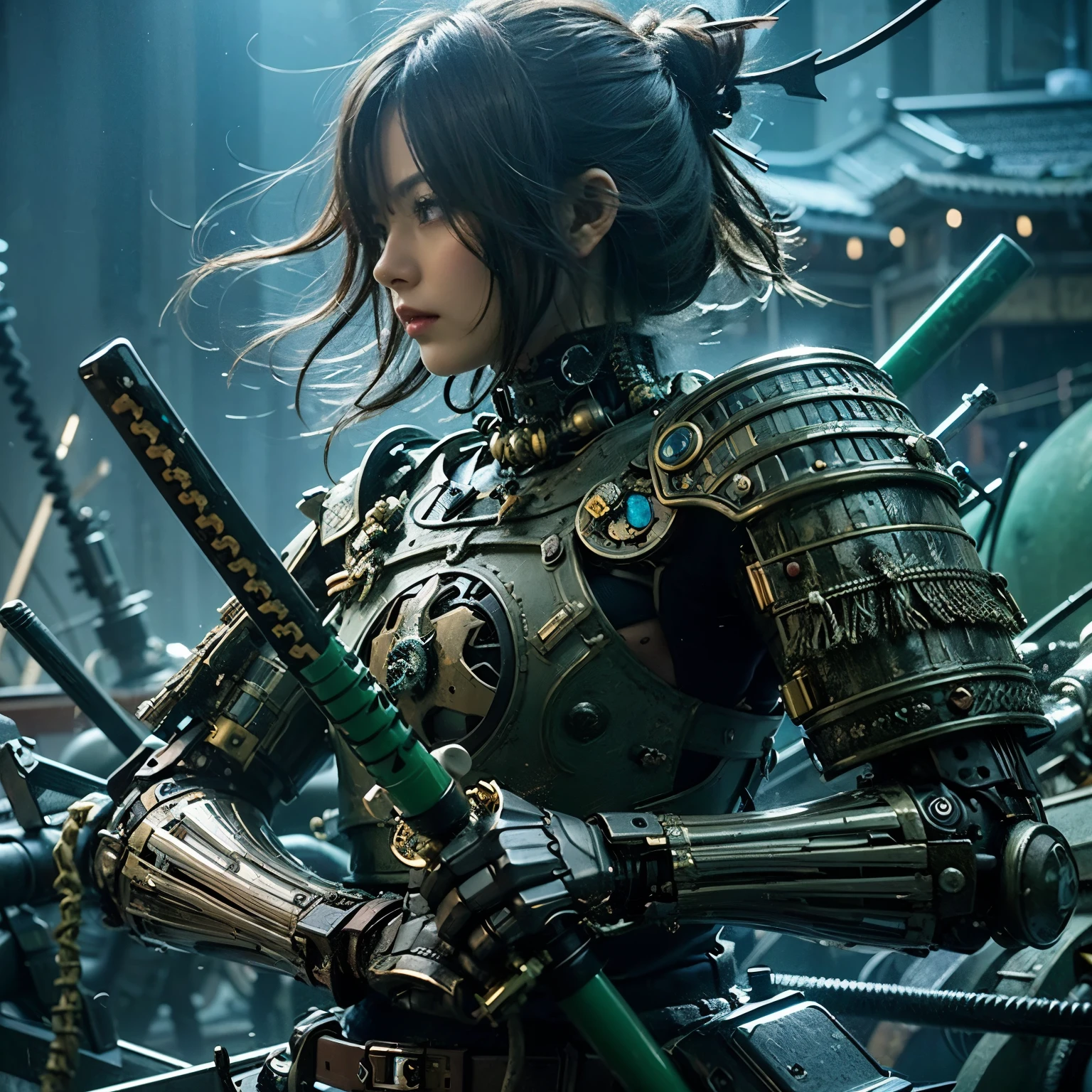 (top-quality:1.2, masterpiece)、ultra high resolution、extremely ultra surrealism, (Photorealsitic:1.4)、Raw photo、(Steampunk Battle Cyborg fallen angel)、large wings made of metal、black porcelain body、red hair、glowy skin、1 Cyborg girl、(mechanical frame:1.3)japanese, extremely cute face, ((super realistic details))、portrait、globalillumination、Shadow、octan render、8K、ultrasharp、character edge light、Details of complex ornaments、Acrylic Clear Cover、Sumerian details、Hydraulic cylinder、Small LED lamp、highly intricate detail、Realistic light、a purple eye、radiant eyes、Facing the camera、neon details、cowboy shot、Futuristic headgear、About Cyberpunk