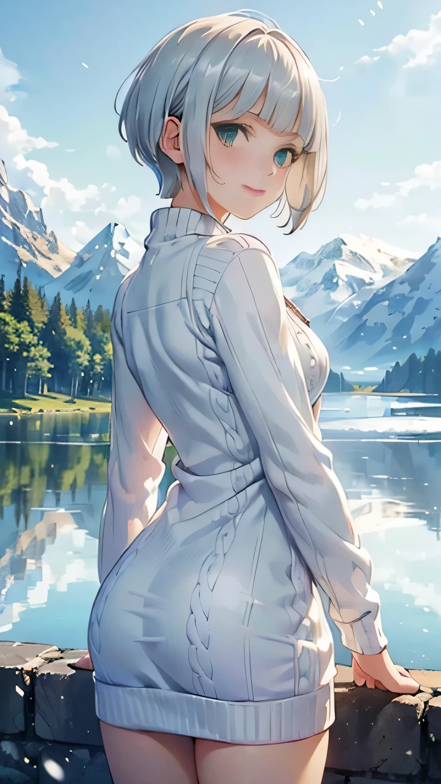 (White one piece knit sweater),looking back,((1girl,cute,young,pixie cut beautiful silver blonde hair,blunt bangs,beautiful green eyes)),(solo),((masterpiece, highest resolution,best quality)), (beautiful illustration),
 (looking back at the viewer), innocent smile,cinematic lighting,beautiful icy lake and mountains,flowers,trees,snow,blue sky