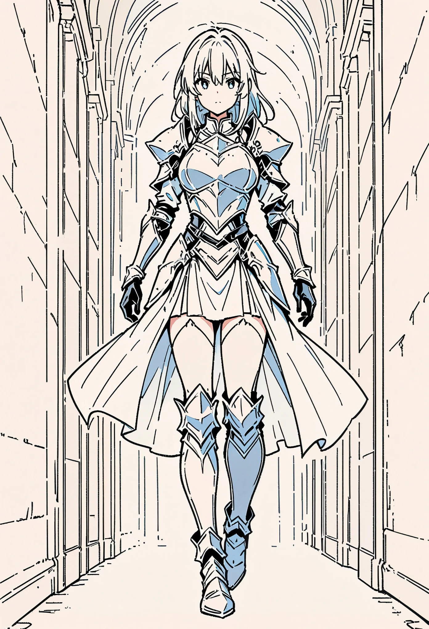 Line drawing ,anime Line drawing, Black and white Line drawing, female knight, knight armor, full body image, stone building background, 8k,high quality, masterpiece