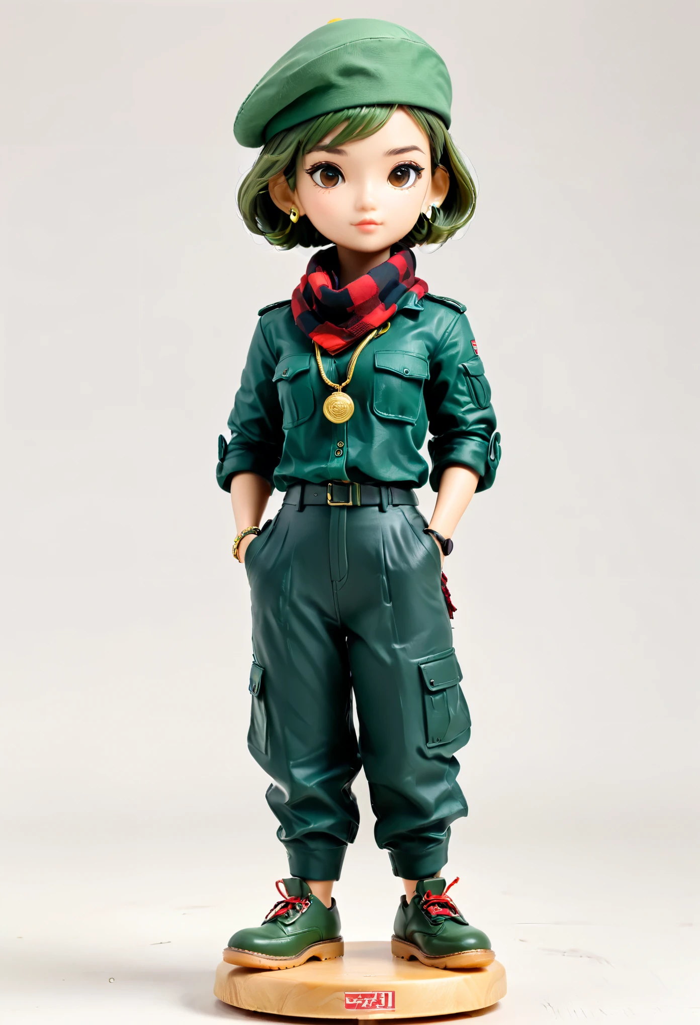(Blind Box Spielzeug Stil:1.2),full body, solo,white background,(1 female soldier Models,green forward cap,short hair,[red|white] checkered scarf,dark green military shirt,dark green pants,Standing on a round wooden base,rumdul,slippers),(Oriental elements,Cambodian color,Very colorful)