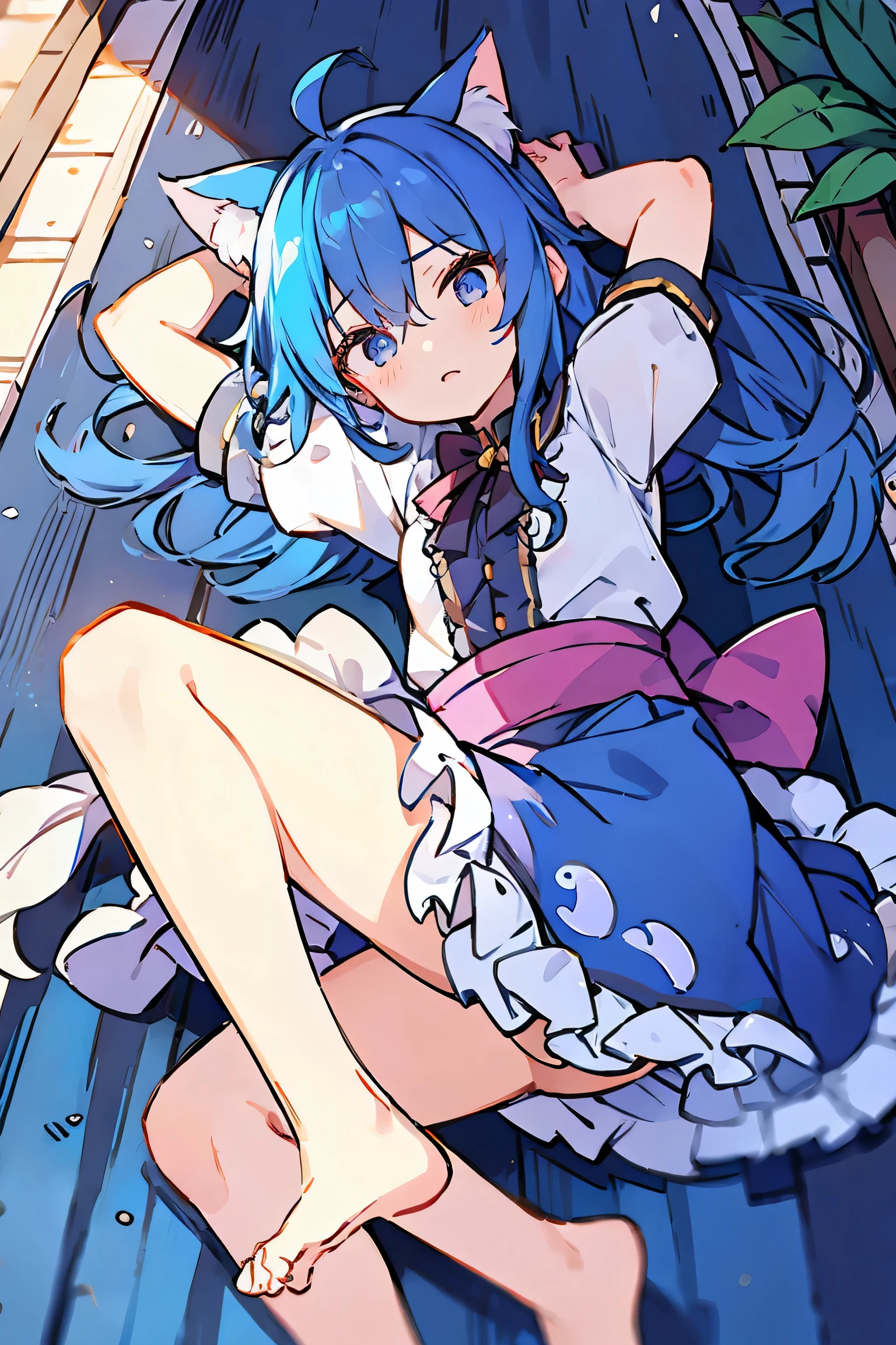 (Masterpiece), best quality, expressive eyes, perfect face, 1girl,
Put one hand on the head, fair skin, gorgeous, Japanese comics, girl, Lola, young angel, blue hair, blue hair, flowing clothes,, lay down, lying on the ground, legs on the ground, flat chest, cat ears,