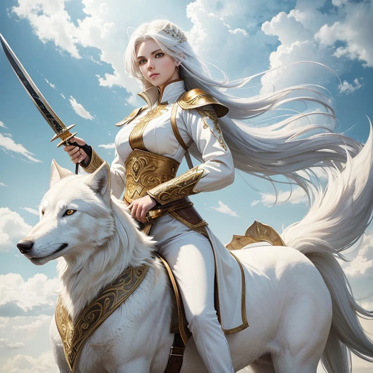 A whitewolf with golden brown eyeyewith a lady with white hair and white trousers with long bobbootnd a fitted white slightly revealingbtop on its back .in the clouds .she has two swords with her .the wolf has a very golden designed beautiful tail