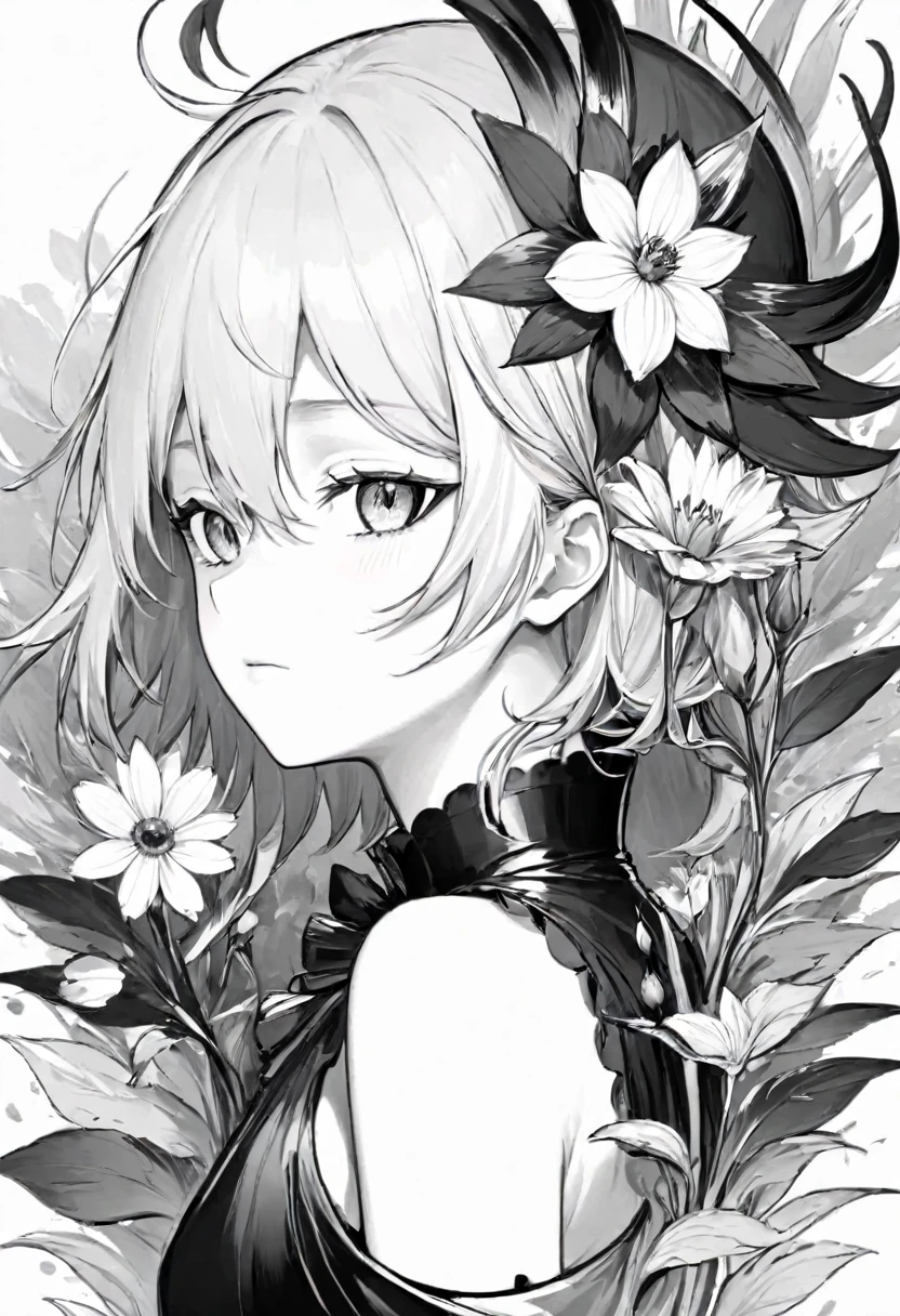 (Anime line drawing:1.5),(black and white painting:1.45),Minimalism,(line art:1.6),sketch,mask,flower,Illustration in surreal art style,surreal dream,Dubrec style,