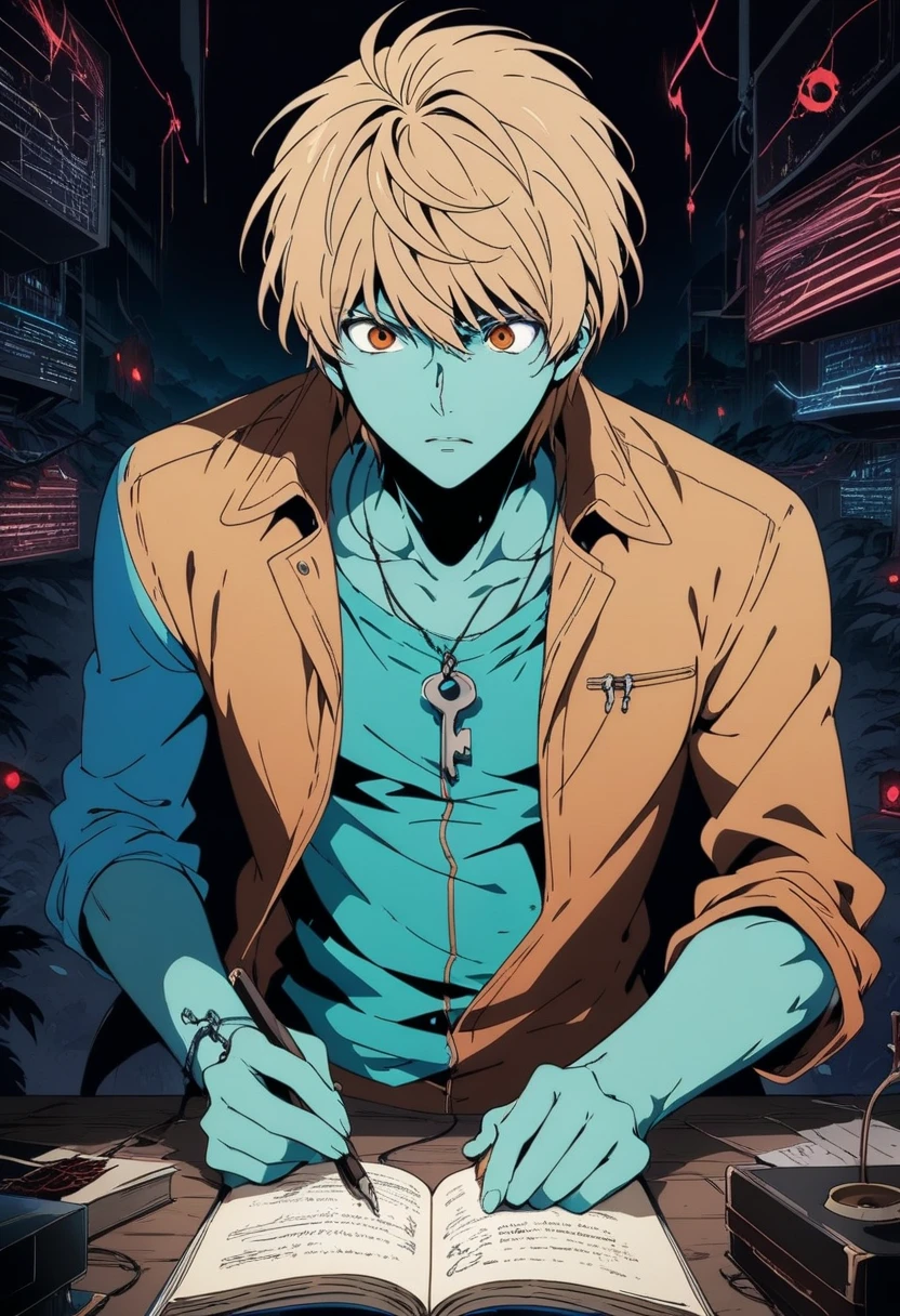 1boy, Light Yagami, Death Note, A brilliant student who acquires a supernatural notebook that allows him to kill anyone whose name he writes in it, leading him down a twisted path of playing god, (masterpiece), (best quality), (ultra-detailed), very aesthetic, illustration, disheveled hair, perfect composition, moist skin, intricate details, anime artwork, anime style, key visual, vibrant, studio anime, highly detailed, Anime line art, lineart, line art, flat colors, flat color