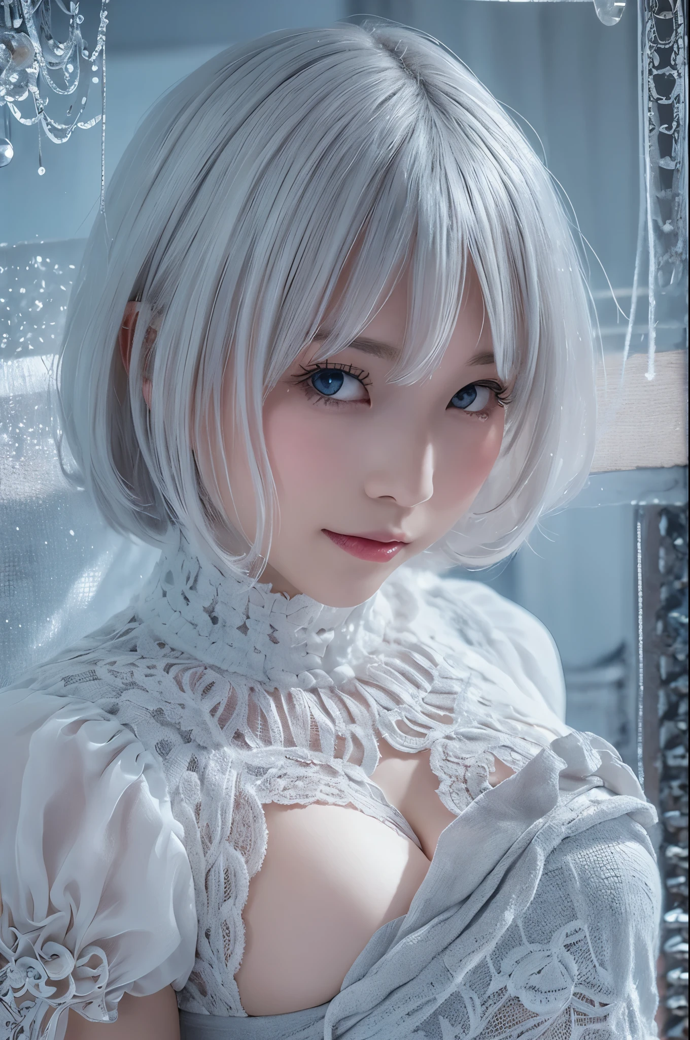 ((high quality)),table top,(Detailed depiction of local details:1.2),1 Japanese girl,(plump breasts:1.3),Enchanted Valley,closed mouth,eyelash,looking at the viewer,portrait,alone,Upper body,gray hair,white theme,short hair,silver hair,Yoruhano. 2 Type B,