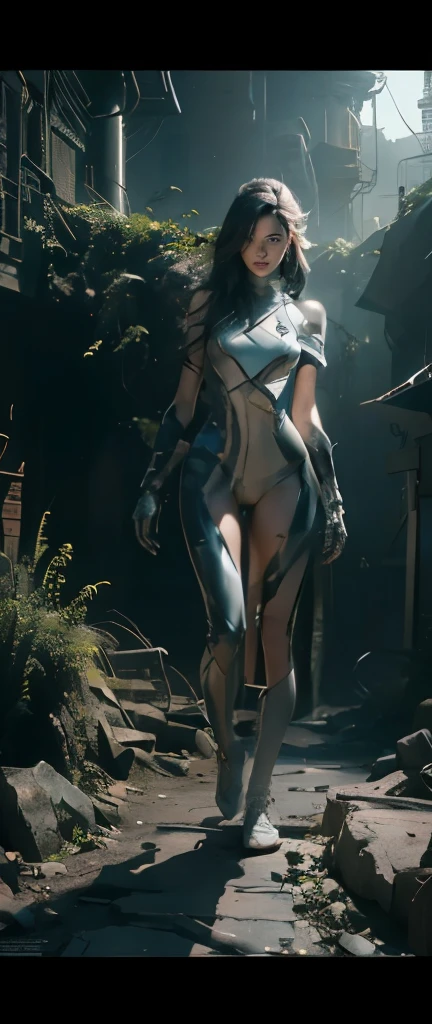 ((masterpiece, highest quality, best image quality, High resolution, realistic, Raw photo, 8K)), ultra wide angle, alien landscape, A woman stands next to the Alafedro robot on top of a hill, Inspired by the background of Stefan Koidle&#39;s discarded mecha. Art created by Craig Mullins, Especially in the style of Craig Mullins&#39; Necro, Depicts detailed, futuristic sci-fi scenes. Focus on sci-fi concept art, Vibrant colors and sharp focus. The overall lighting captures the essence of the film&#39;s concept art。Highly exposed、Glossy skin、white skin、beautiful skin、Groin area exposed、Clothes are torn due to alien attacks、Flipping、the tips of the nipples are visible、The suit is mainly black