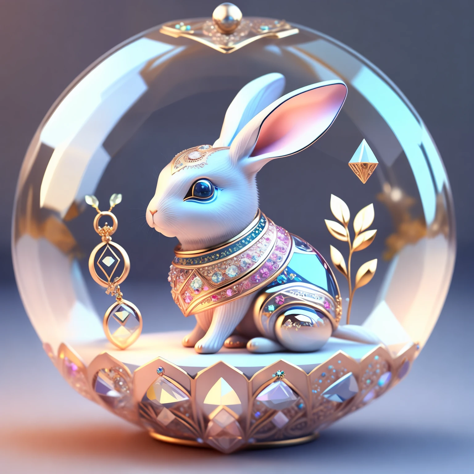 Cute crystal ball zodiac rabbit,Embellished with various jewelry pieces and low-poly eye designs, is a highly detailed and complex concept art piece using Artstation 8k quality.