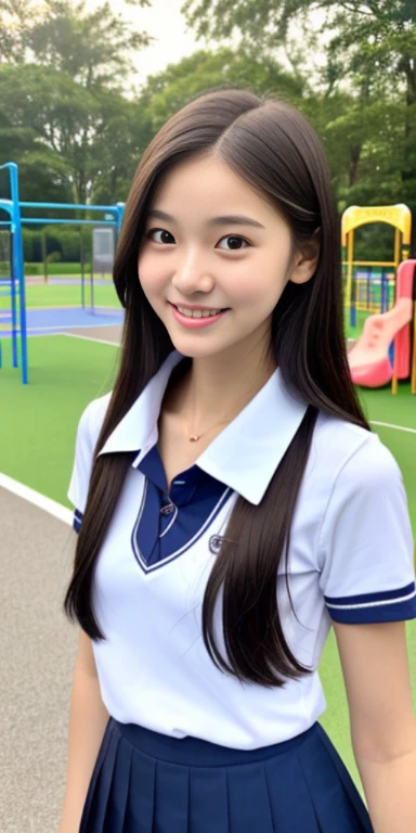 Neat female college student, , (school uniform, summer clothes), outside the playground, (slim), realistic, detailed, skin texture, super detailed, delicate and sexy clavicle, smile, super detaileded face, detaileded lips, detaileded eyes, double eyelid, small breasts, small breasts, small, small, flat chest