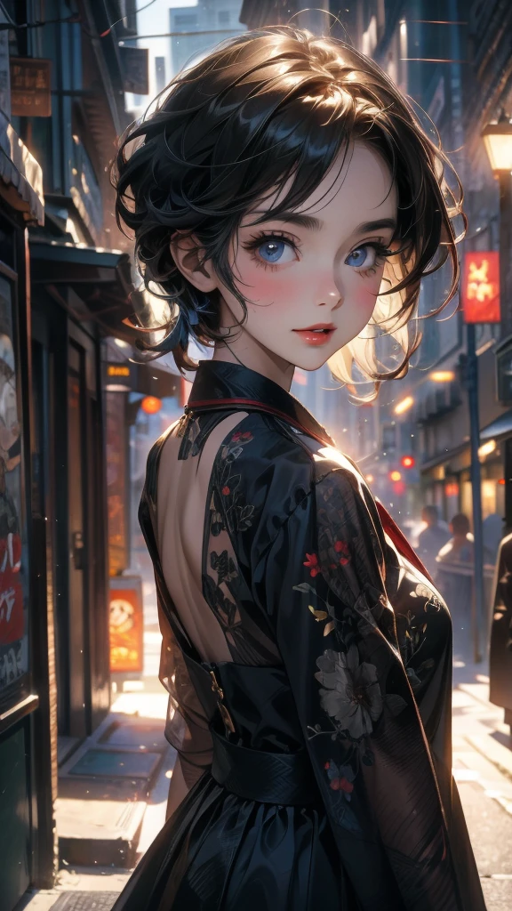 (Highly detailed CG unit 8k wallpaper, masterpiece, High resolution, highest quality), ((20 year old woman, Composition from head to stomach, upper body focus)), smile, detailed eyes, Nostalgic Fashion, Asymmetrical punk short hair:1.2, ash gray hair, A deserted back alley in Paris:1.3, cinematic lighting, anime style, digital painting, concept art,