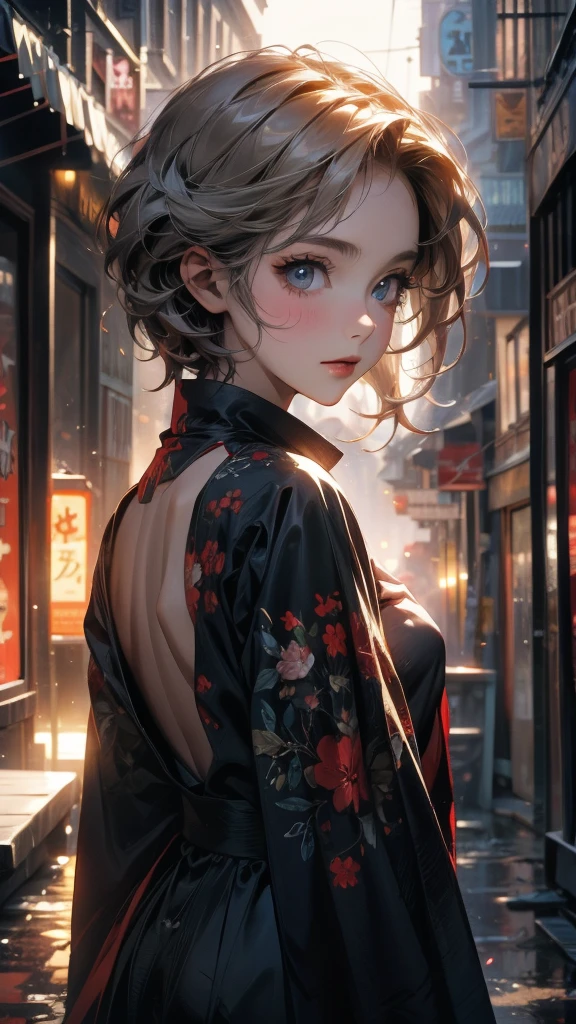 (Highly detailed CG unit 8k wallpaper, masterpiece, High resolution, highest quality), ((20 year old woman, Composition from head to stomach, upper body focus)), smile, detailed eyes, Nostalgic Fashion, Asymmetrical punk short hair:1.2, ash gray hair, A deserted back alley in Paris:1.3, cinematic lighting, anime style, digital painting, concept art,