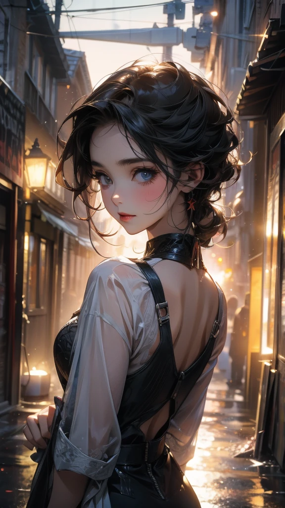 (Highly detailed CG unit 8k wallpaper, masterpiece, High resolution, highest quality), ((20 year old woman, Composition from head to stomach, upper body focus)), smile, detailed eyes, Nostalgic Fashion, Asymmetrical punk short hair:1.2, ash gray hair, A deserted back alley in Paris:1.3, cinematic lighting, anime style, digital painting, concept art,