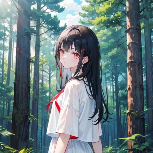 black hair,red eyes,,star-shaped pupilsr,earring ,Two white hairpins,short sleeve shorts,Wearing sneakers,Don't show your arms,The background is a forest ,Tall trees,Blue sky and white clouds