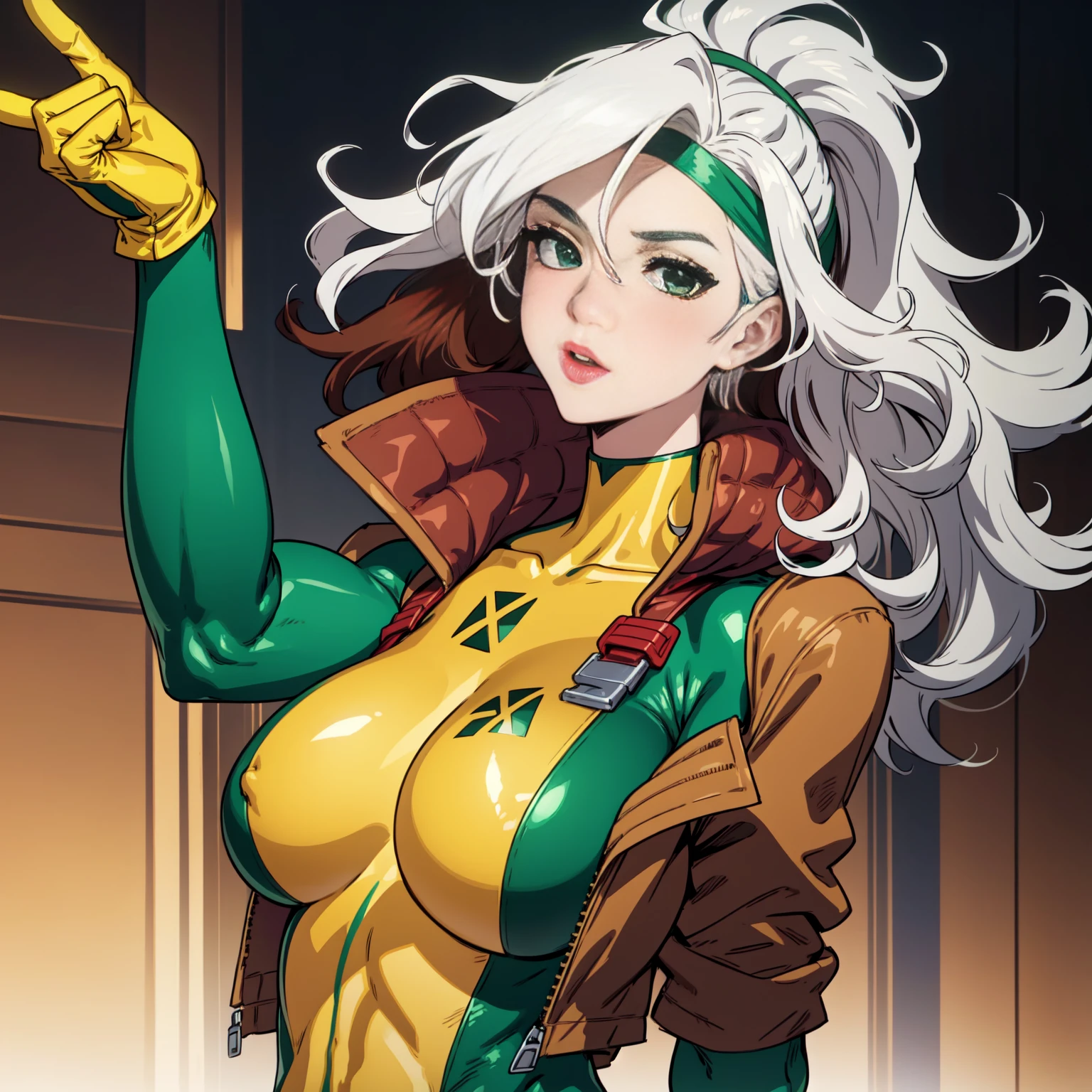 CARTOON_X_MENs_Rogue,ownwaifu,
long hair,breasts,brown hair,green eyes,lipstick,makeup,lips,white hair,two-tone hair,headband,wavy hair,large breasts,messy hair,curly hair,big_hair, 
yellow bodysuit,jacket,gloves,belt,yellow gloves,green bodysuit,bodysuit,multicolored bodysuit,superhero, skin tight,multicolored clothes,  1girl, solo, looking at viewer,straight-on, upper body, official art, highres, scenery, (masterpiece:1.1), (best quality,:1.1), (high quality:1.1), (anime screencap:1.2),