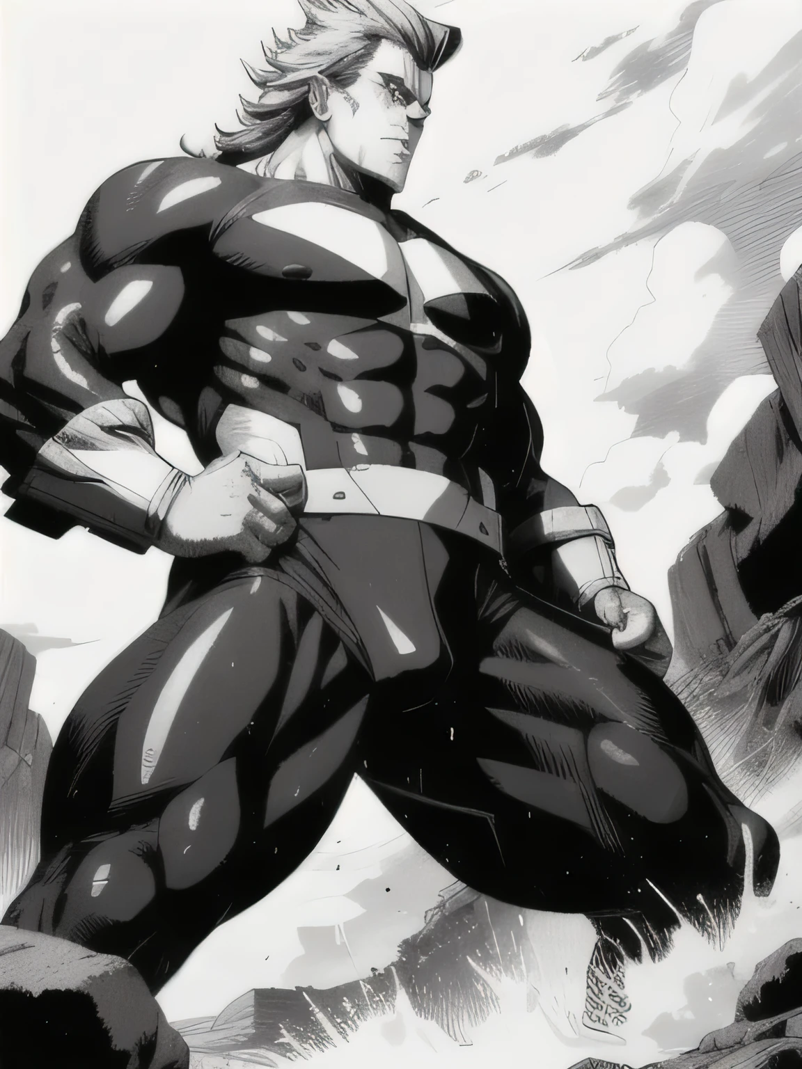 best quality, high resolution, manga, monochrome, handwritten style, screentone, allmight, black bodysuit, hunk, wet clothes, from below, arms folded, thigh.