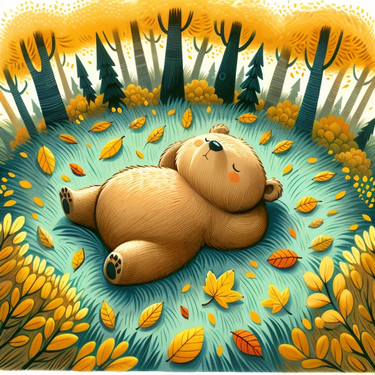 There is a bear lying on the grass, fantasy illustration, 精彩的illustration, 一个美丽的艺术illustration, author:Trevor Brown, illustration, author:Nikita Viprikov, by Justin Gerrard, In the spring forest, There are little monkeys around、Little squirrel carrying food,cute numbers, 可爱的故事书illustration, 可爱的illustration, Lovely detailed artwork, Lovely and detailed digital art, just a joke