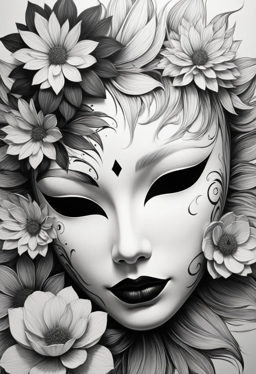 (Anime line drawing:1.5)，(black and white painting:1.45)，Minimalism，(line art:1.6)，sketch，mask，flower,Illustration in surreal art style，surreal dream，Dubrec style,