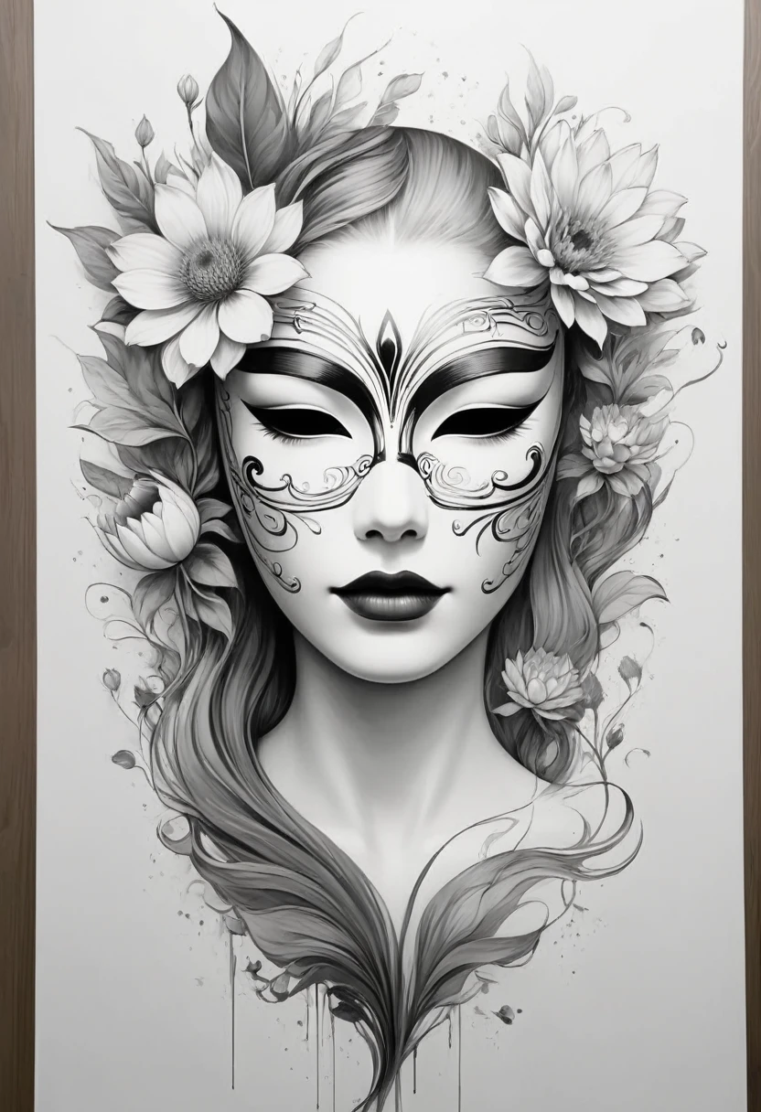 (Anime line drawing:1.5),(black and white painting:1.45),Minimalism,(line art:1.6),sketch,mask,flower,Illustration in surreal art style,surreal dream,Dubrec style,