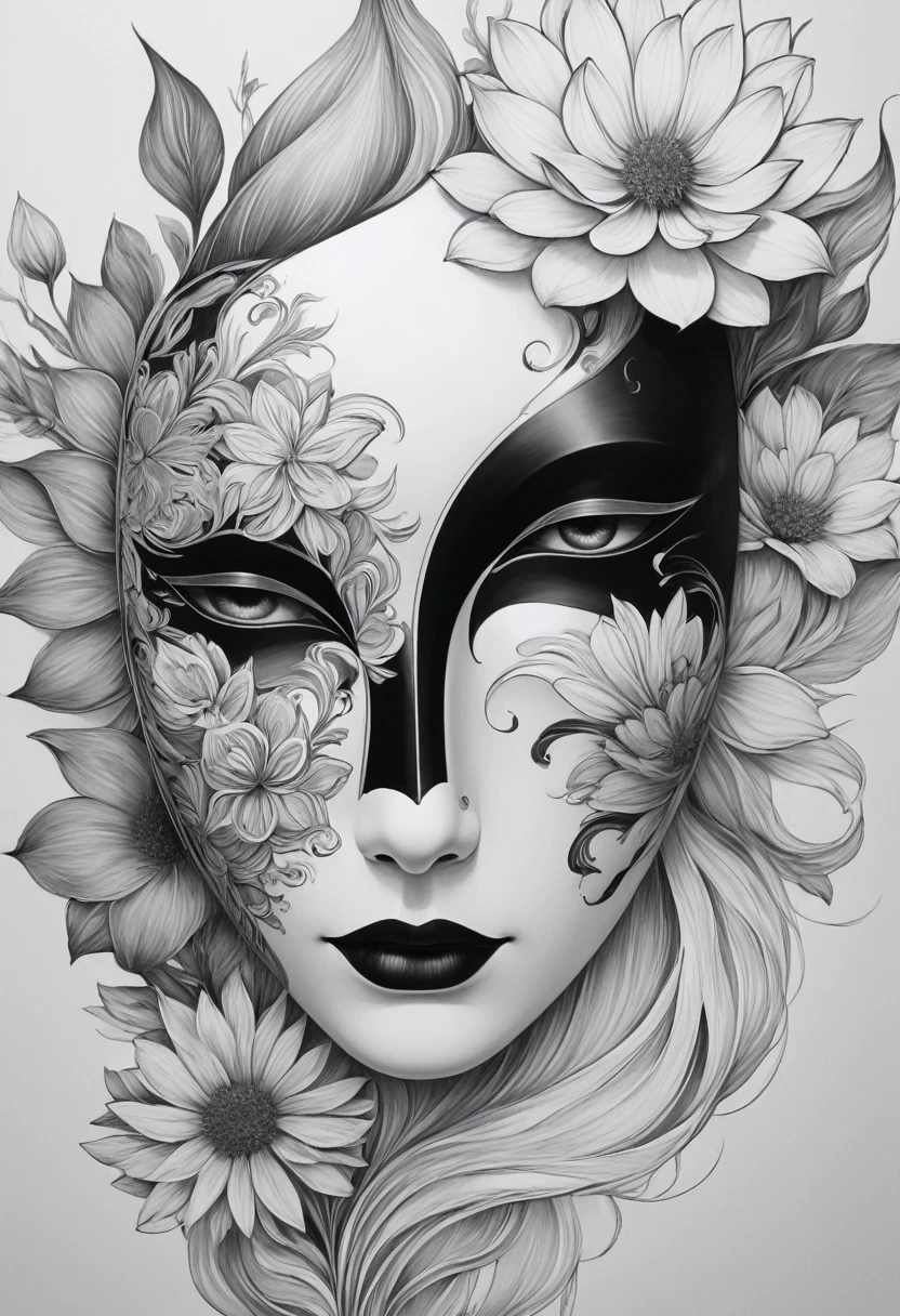 (Anime line drawing:1.5),(black and white painting:1.45),Minimalism,(line art:1.6),sketch,mask,flower,Illustration in surreal art style,surreal dream,Dubrec style,