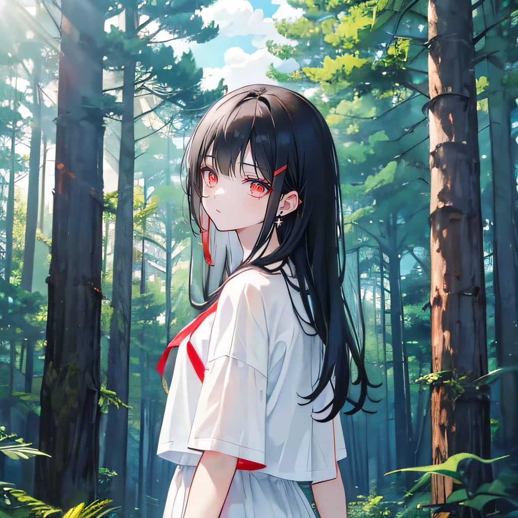 black hair,red eyes,,star-shaped pupilsr,earring ,Two white hairpins,short sleeve shorts,Wearing sneakers,Don't show your arms,The background is a forest ,Tall trees,Blue sky and white clouds