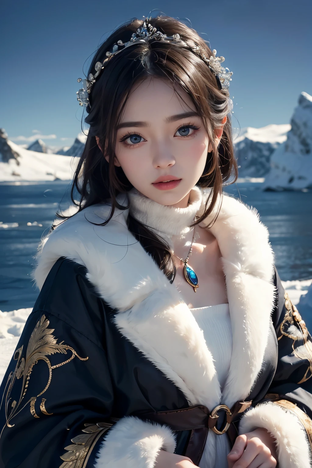 1 girl, beauty in the arctic, Exquisite eyes,beautiful and delicate lips,very detailed 눈과 얼굴,long eyelashes, with short permed hair, enchanted scenery,(best quality,4K,8 thousand,high resolution,masterpiece:1.2),very detailed,(realistic,realistic,realistic:1.37), dynamic pose, flock of penguins, fur-clad,