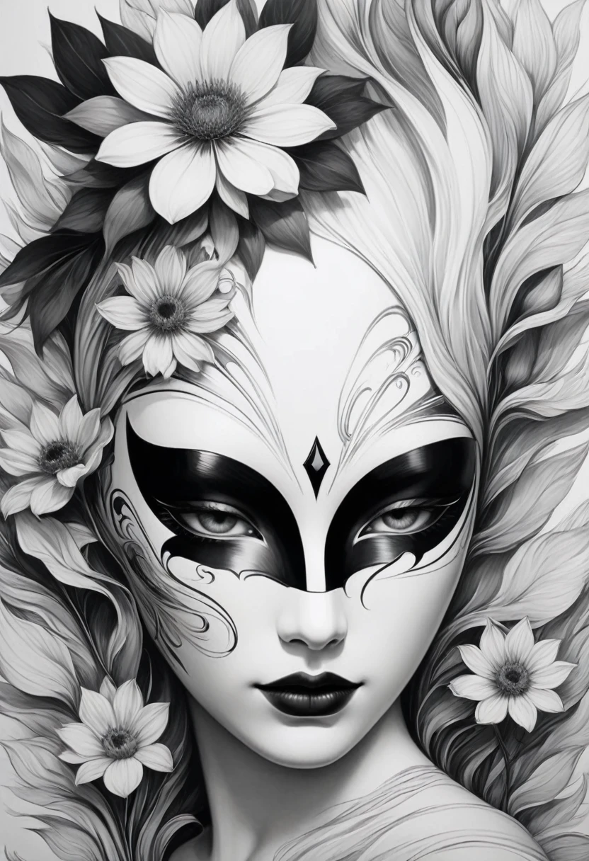 (Anime line drawing:1.5),(black and white painting:1.45),Minimalism,(line art:1.6),sketch,mask,flower,Illustration in surreal art style,surreal dream,Dubrec style,