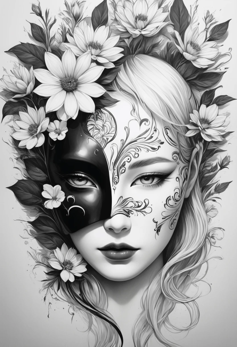 (Anime line drawing:1.5),(black and white painting:1.45),Minimalism,(line art:1.6),sketch,mask,flower,Illustration in surreal art style,surreal dream,Dubrec style,