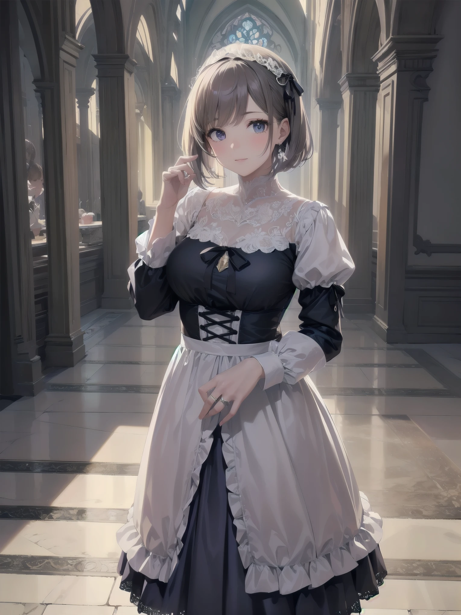 bride: wedding ring shining on ring finger Fusion of medieval European fashion Emphasis on elements of cuteness and adoration Posed illustration of the overwhelming cuteness of the character in the foreground Overwhelming architectural and cityscape background Ultra-detailed, rich, contemporary interpretation of medieval Europe and fantasy world Realistic textures, Professional artistic shading and light sources, scene-like cinematography and effects, depth of subject One beautiful girl, super cute, bob cut, side ponytail, perfect anatomy
Colours: pastel, white, pale purple, blue, gingham check
Materials: chiffon, lace, satin, velvet, etc. Silhouette: fluffy skirt, A-line, long length
Decoration: frills, ribbons, lace, pearls, embroidery etc. Coordinates Romantic princess: pastel dress, lace blouse, fluffy skirt, ribbon hair accessory, black tights Add accessories and accessories to personalise.