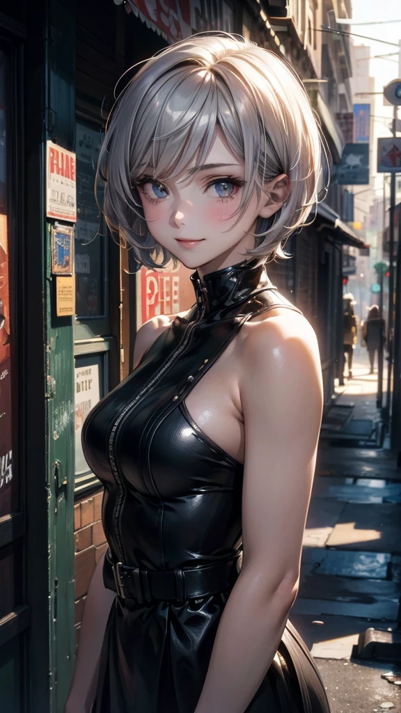 (masterpiece, high resolution, best quality), ((20-year-old woman, Composition from head to stomach, upper body focus)), Fashion pose, Delicate eyes, Avant-garde makeup, Short messy hair:1.2, Gray hair, Blurred background, Deserted alleys in Cuba:1.3, Movie Lighting, anime style, Simple lines, number,((Very large breasts)),((Grooves reveal original skin))