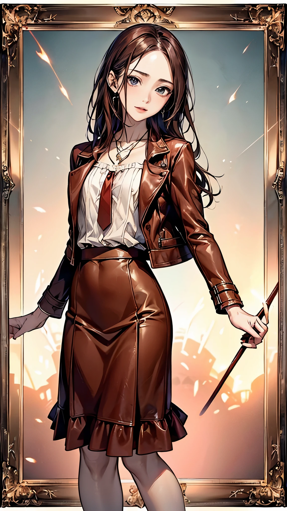 ((Biologically correct number of limbs))、(( Upper body photo including face))、4K、((standing position))、masterpiece、((focus on the face))、((Symmetrical facial features))、Eyes with detailed description、Beautiful woman、outstanding style、beautiful clavicle、beautiful legs、beautiful hands、slender body、(stockings、high heels）、Detailed depiction of faces、small earrings、necklace、(leather jacket、Red Leather Skirt)、close up of face、lighting to the face、tie、Clear skies、(((white frame photo)))、Bewitching、