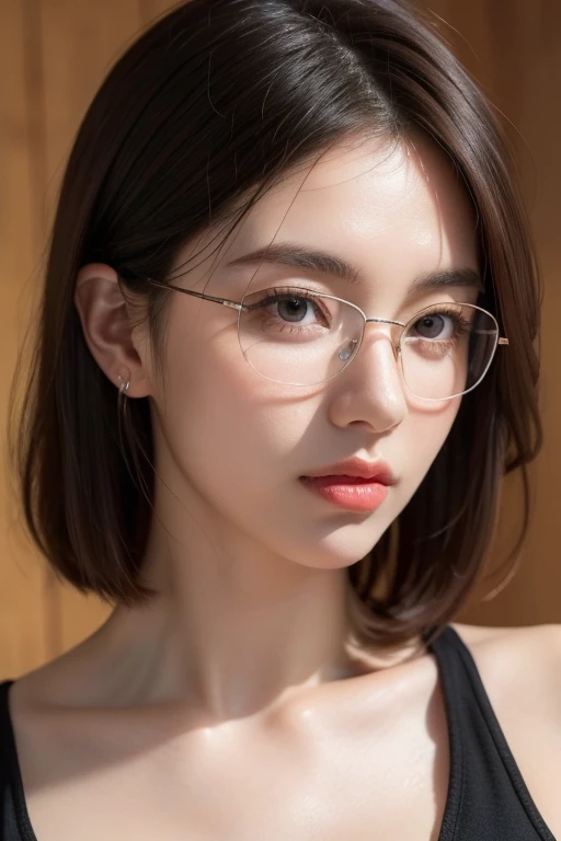 perfect face, (masterpiece, best quality, ultra-detailed, highres, 4k), (beautiful detailed eyes), (Realistic, Photorealistic: 1.37), Ultra Detailed, Soft Light, (1girl), Anatomically correct, ((19 years old beautiful japanese girl)), ((short dark hair)), ear piercing, (deep-black eyes)), redhead, auburn hair, blush, glossy lips, thin lips, half-open lips, realistic, portrait, medium breast, cleavage, thin glasses