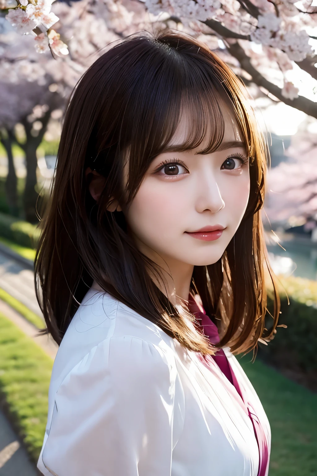 (logo、masterpiece、8K、table top、Raw photo、wonderful、最high quality、Photorealistic and very detailed CG integrated 8k wallpaper、high quality、very detailed、narrative poem、particle effects、dynamic effects、Depth of the bounds written、cinematic light、Lens flare、ray tracing)、fantasy、 (1 beautiful woman、suit、cherry blossom pattern、black haired、beautiful face、real face、beautiful details eyes beautiful skin)、my hair dances in Wind、Hair flutters in Wind、hair bounces、pink cherry tree、petals dance、SakuraFubuki、Spectacular view、sunrise、sun on background、Wind、