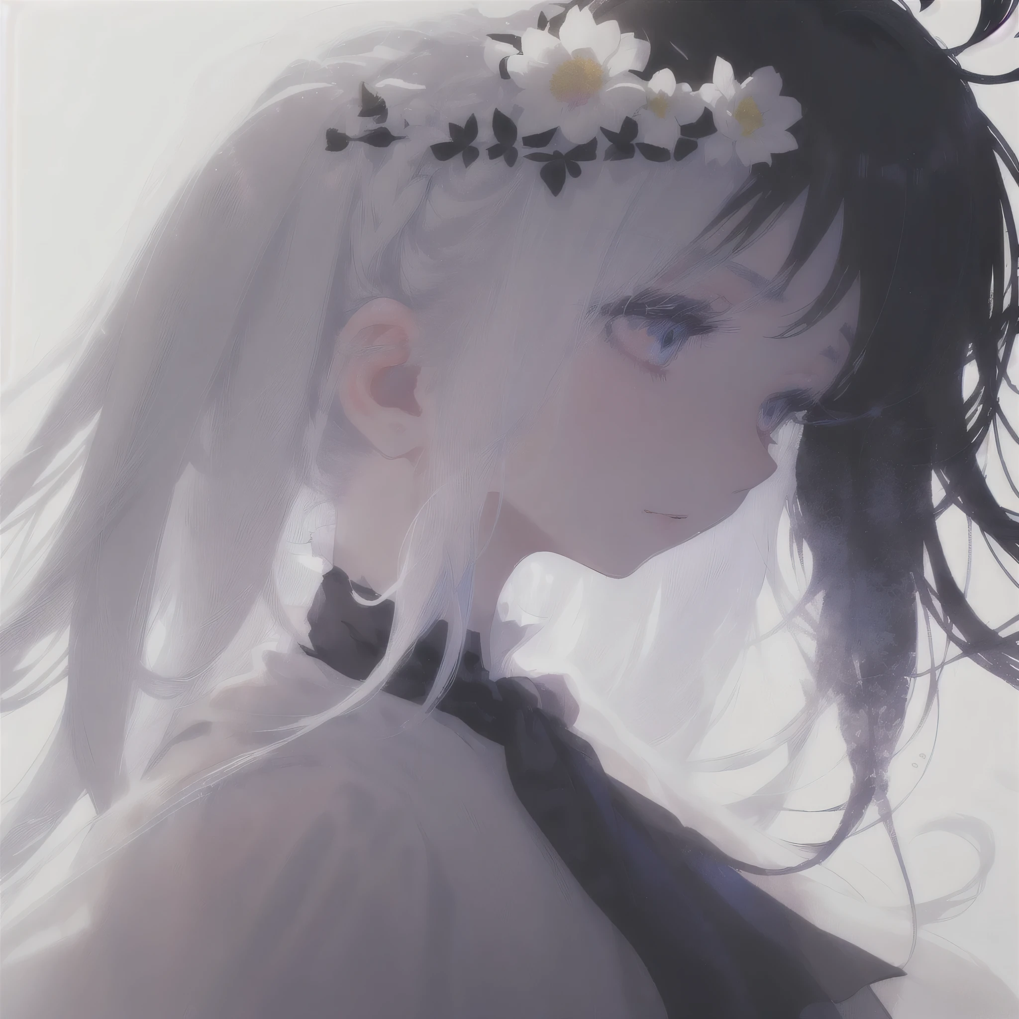 (White background:1.4),(Silhouette of a girl's head, Close eyes, multi-colored long hair, ), Bright eyes, flowers on hair,( Smart Design, Sharp lines, High sharpness,top quality, very detailed, masterpiece, lighting effects in cinema, 4K )pure White background