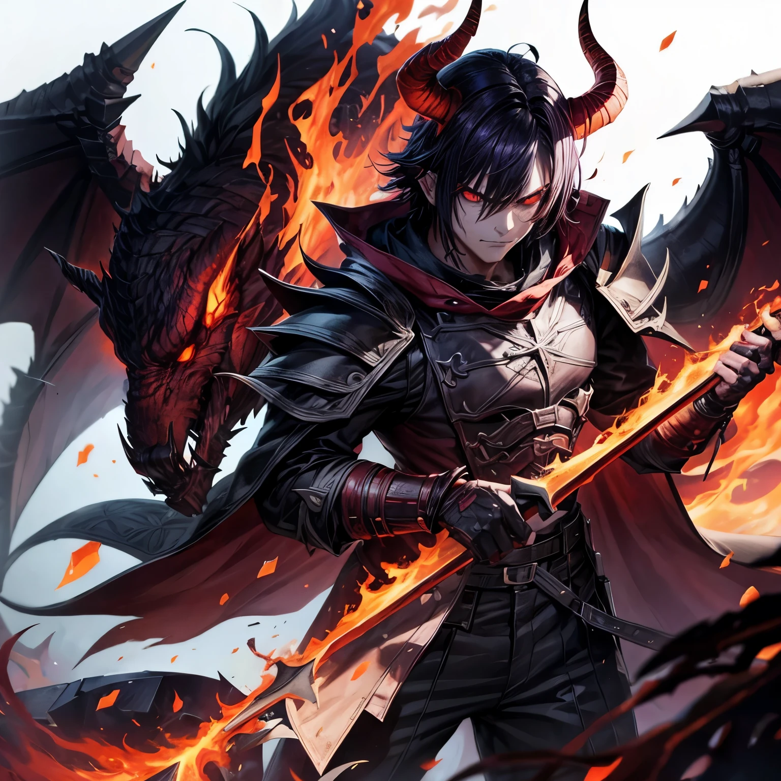 A menacing man with short dark purple hair, red eyes, black horns with fire on each tip of the horns, have big axe on his back named doombringer the sin of wrath, the axe has a fire elements. He's pretty angry too. (DONT FORGET THE FIRE ON THE TIP OF THE HORNS)
