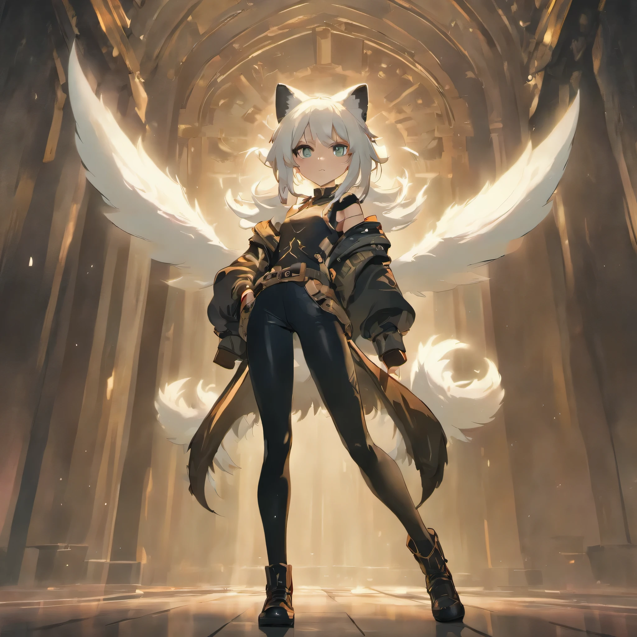 In this mesmerizing artwork, we are presented with a true masterpiece that captivates the viewer with its astonishingly high resolution and unparalleled level of detail. Created in an absurdly detailed 8K resolution, this image showcases the cutting-edge technology of ray tracing, resulting in realistic lighting and shadows that bring the artwork to life.
The focal point of the artwork is a shoulder-length haired teenage girl, adorned with two elegant white fox ears with black tips on her head. Her unique appearance continues with a mesmerizing slim body that seamlessly merges with her white scaled dragon tail. This tomboyish character stands tall and confident, wearing military boots, black leggings, and military combat shortss. Her black T-shirt perfectly complements the white military jacket that is left open. Her medium size brest stick out through the open jacket.Her elegant and detailed white fur dragon wings are stretched out.