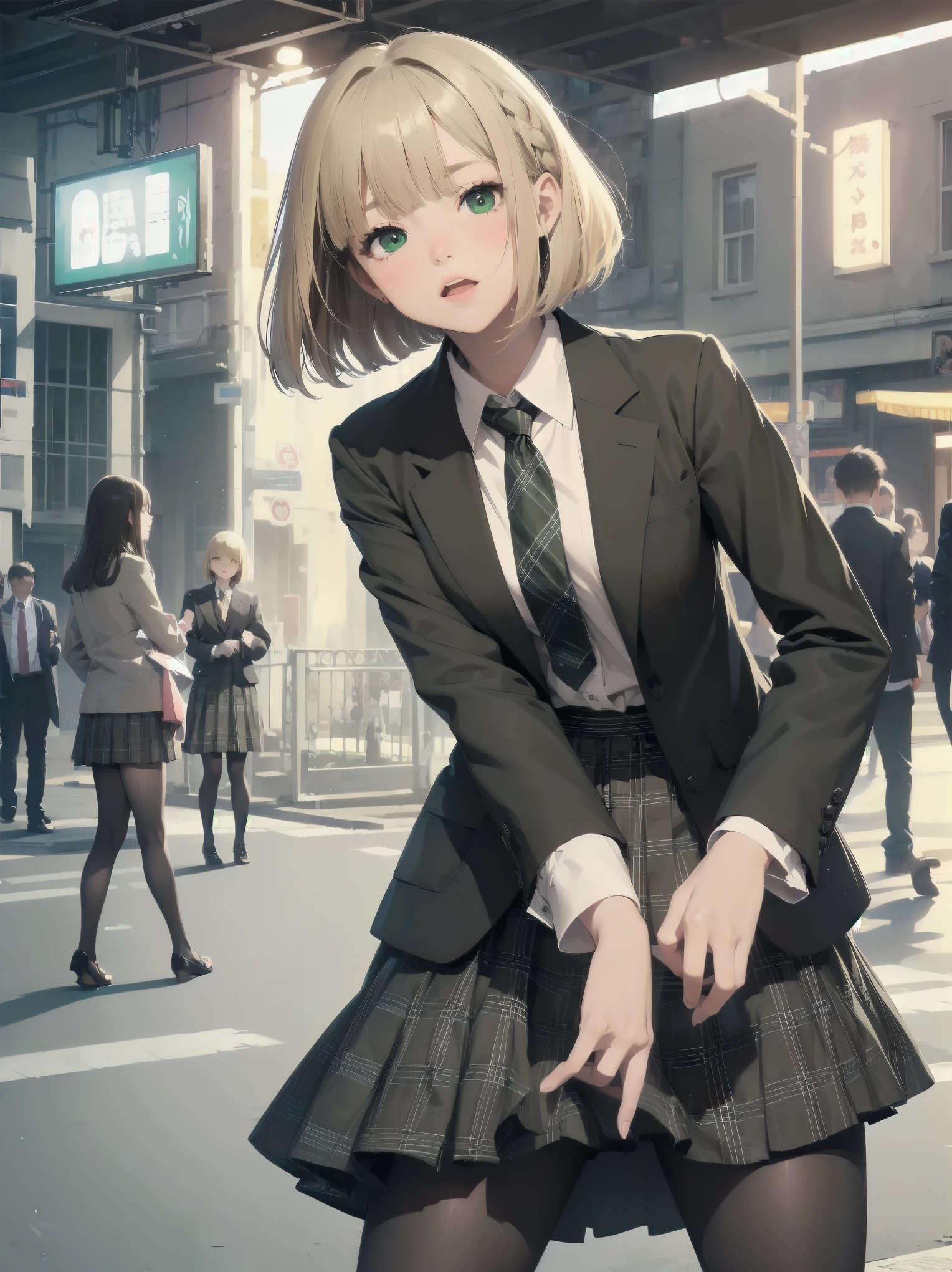 Top-High quality、Highest image quality、masterpiece、high contrast、Elegant、erotic expression、high school girl、blonde、Bob cut braids、uniform、(brown blazer)、ribbon tie、(Green and gray plaid skirt)、(black tights)、cinematic lighting、fine shading、cute、Truly unbelievably cute absurd、outside、outside苑