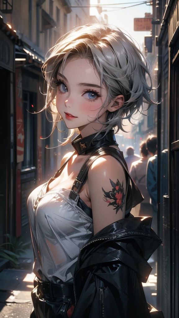 (Highly detailed CG unit 8k wallpaper, masterpiece, High resolution, highest quality), ((20 year old woman, Composition from head to stomach, upper body focus)), smile, detailed eyes, Nostalgic Fashion, Asymmetrical punk short hair:1.2, ash gray hair, A deserted back alley in Paris:1.3, cinematic lighting, anime style, digital painting, concept art,