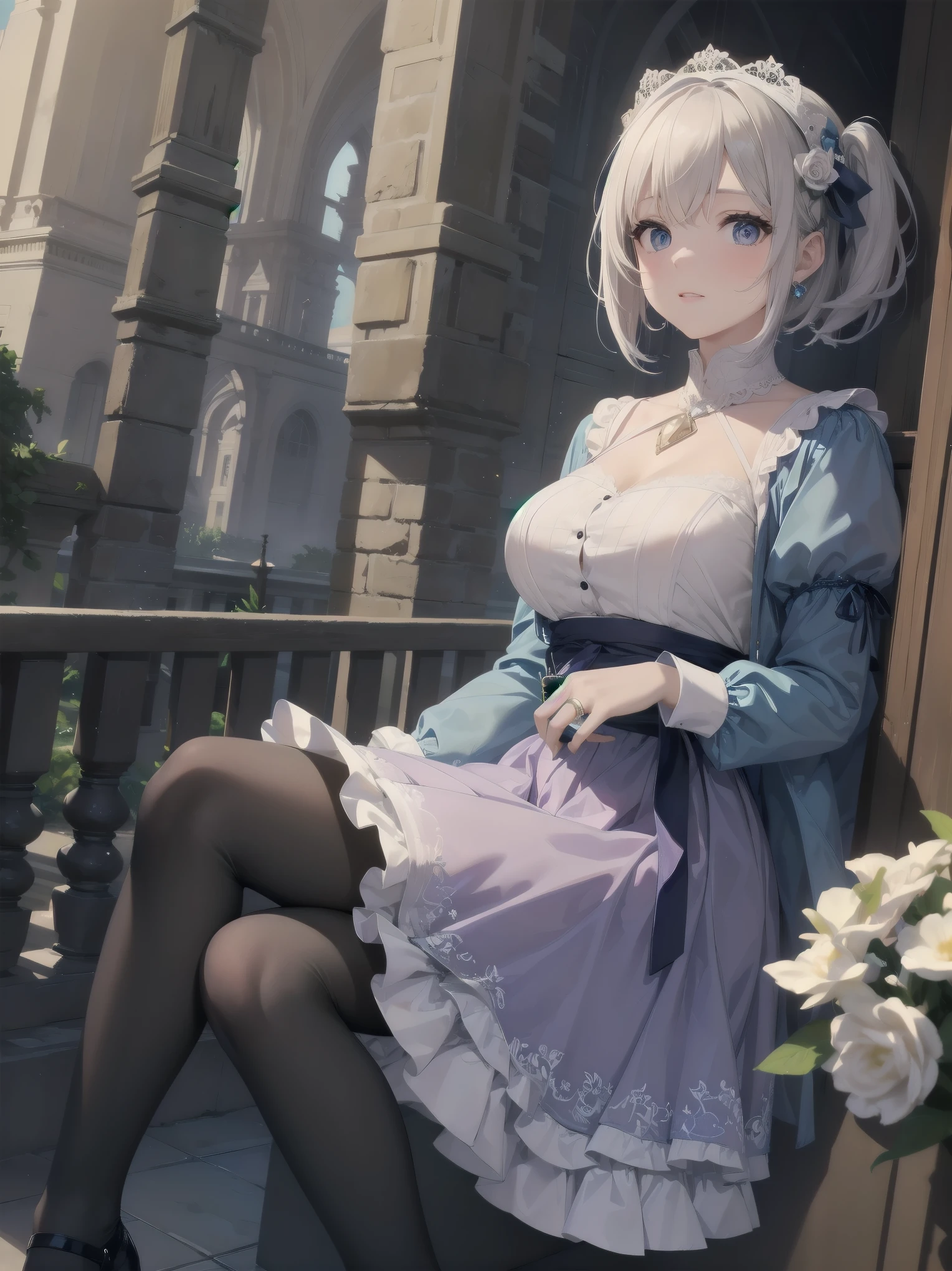 bride: wedding ring shining on ring finger Fusion of medieval European fashion Emphasis on elements of cuteness and adoration Posed illustration of the overwhelming cuteness of the character in the foreground Overwhelming architectural and cityscape background Ultra-detailed, rich, contemporary interpretation of medieval Europe and fantasy world Realistic textures, Professional artistic shading and light sources, scene-like cinematography and effects, depth of subject One beautiful girl, super cute, bob cut, side ponytail, perfect anatomy
Colours: pastel, white, pale purple, blue, gingham check
Materials: chiffon, lace, satin, velvet, etc. Silhouette: fluffy skirt, A-line, long length
Decoration: frills, ribbons, lace, pearls, embroidery etc. Coordinates Romantic princess: pastel dress, lace blouse, fluffy skirt, ribbon hair accessory, black tights Add accessories and accessories to personalise.