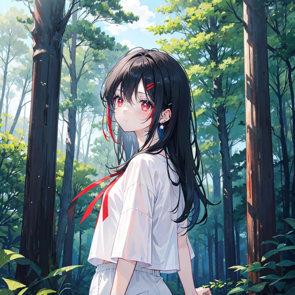 black hair，red eyes，，star-shaped pupilsr，earring ，Two white hairpins，short sleeve shorts，Wearing sneakers，Don't show your arms，The background is a forest ，Tall trees，Blue sky and white clouds

