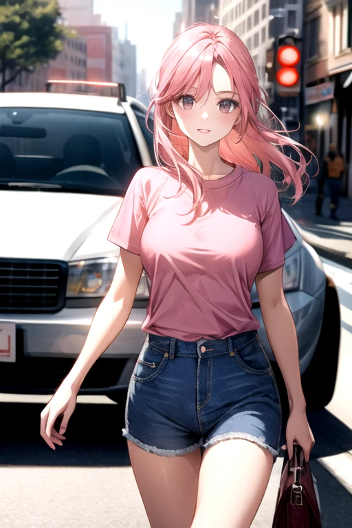 Vision flow of a beautiful woman walking in the city, The sun is shining on her pink T-shirt and faded blue denim hot pants., Red car passing in the background, And a world of sparkling light.  