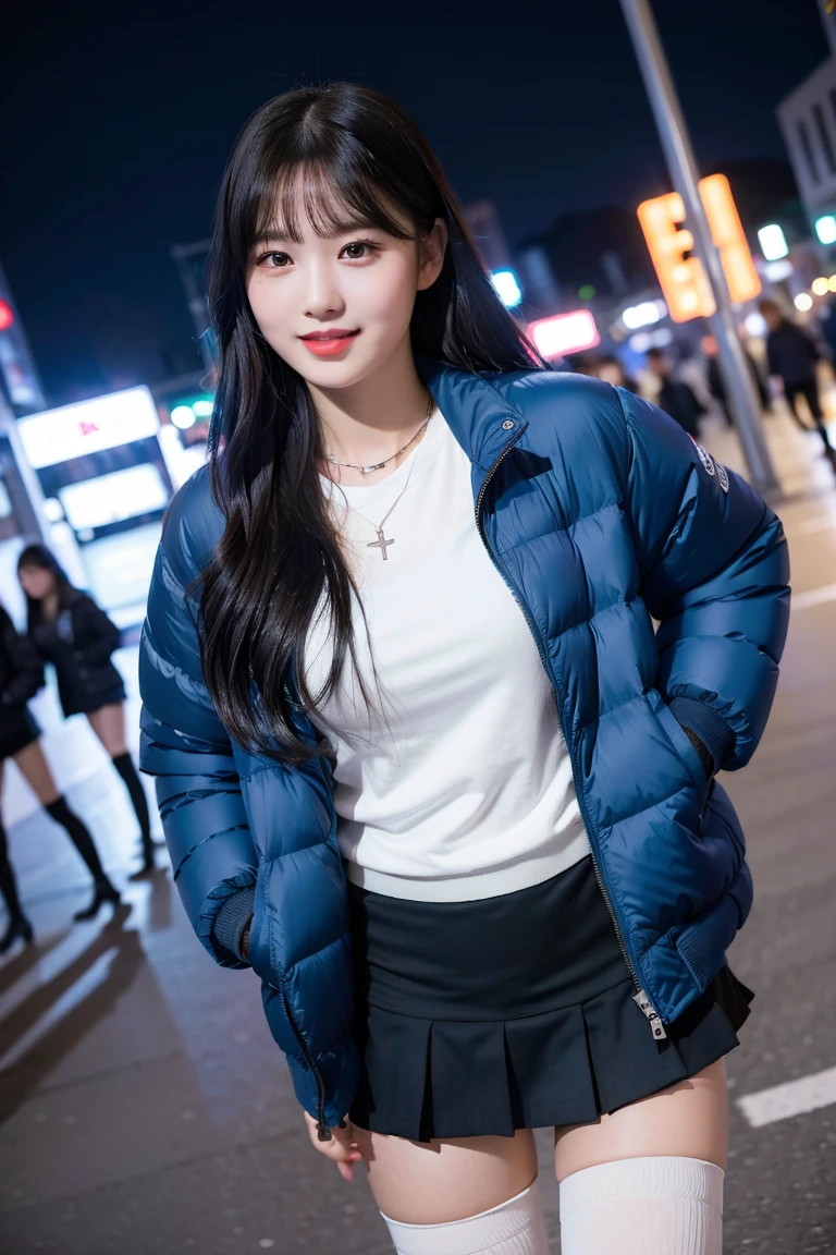 (8K), (highest quality: 1.2), (realistic), (realistic: 1.37), ultra high resolution, (1 girl, cute, smile, closed mouth, thick lips,red lip,beautiful details, beautiful nose, (straight black hair), giant dulcefo, self snap,(Down jacket:1.2),white shirt,tie,pleated skirt,(Blue knee-high socks:1.2),Standing in the city at night,thin necklace,(Medium Shot:1.2),super low angle