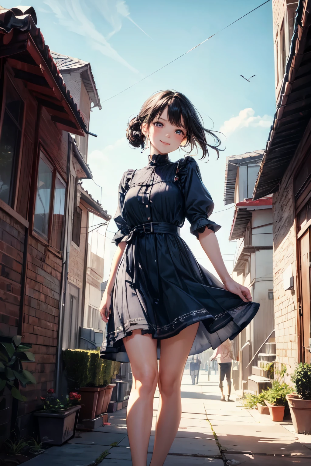 very cute and beautiful girl,(highly detailed beautiful face and eyes),(smile:1.2),cowboy shot,
navy blue frilled dress,standing,(detailed legs,mini skirt:0.9),
black hair,(rose garden),navy harbor,warships in distance,
(best quality,masterpiece:1.0),absurdres,highres,ultra-detailed,extremely detailed,32k,8k resolution,
intricate details,cinematic scene,detailed background,solo,dynamic angle,
solo,natural lighting,hair fluttering in the wind,beautiful detailed sky,