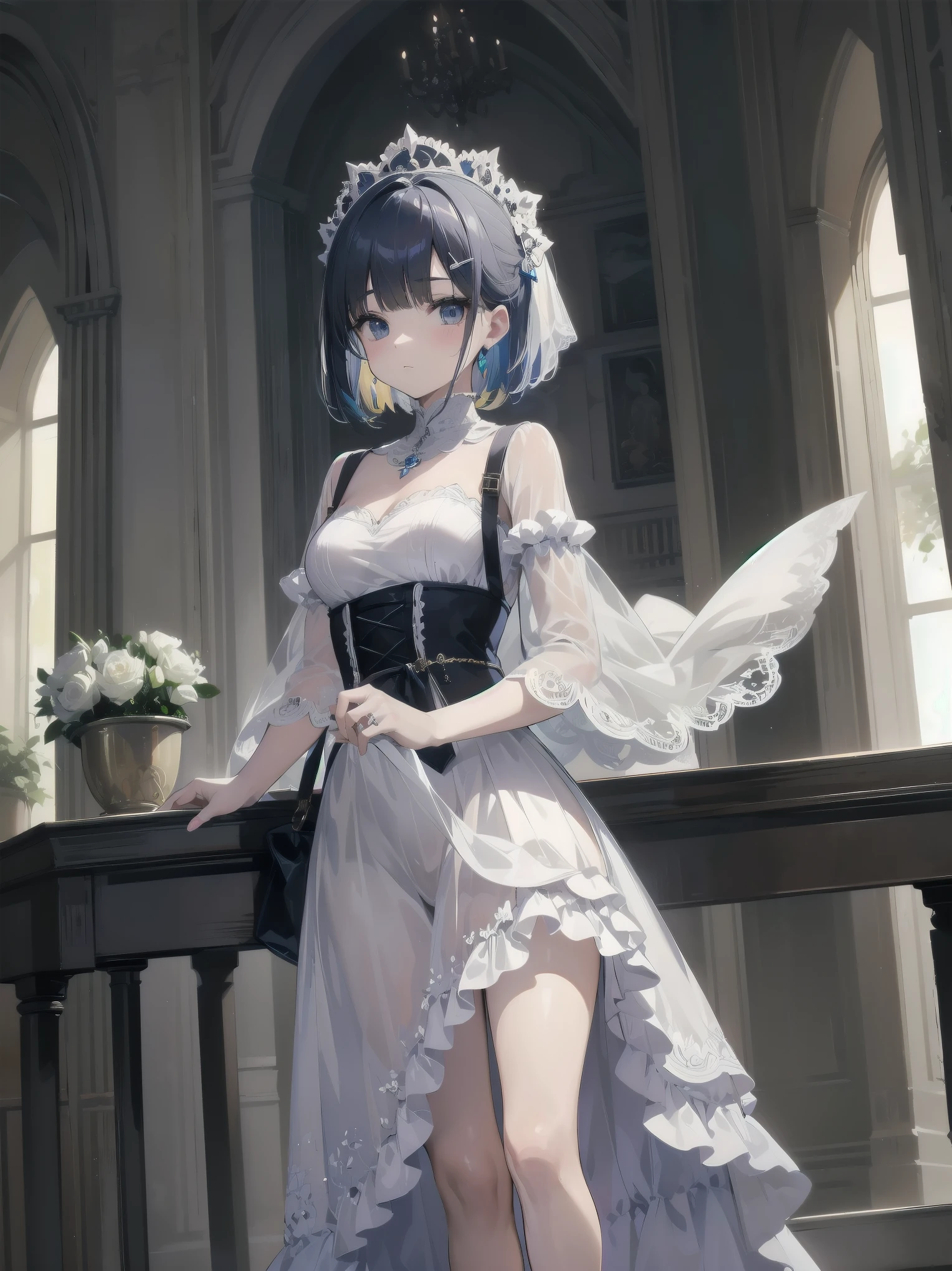  bride: wedding ring shining on ring finger Fusion of medieval European fashion Emphasis on elements of cuteness and adoration Posed illustration of the overwhelming cuteness of the character in the foreground Overwhelming architectural and cityscape background Ultra-detailed, rich, contemporary interpretation of medieval Europe and fantasy world Realistic textures, Professional artistic shading and light sources, scene-like cinematography and effects, depth of subject One beautiful girl, super cute, bob cut, side ponytail, perfect anatomy 
Colours: pastel, white, pale purple, blue, gingham check 
Materials: chiffon, lace, satin, velvet, etc. Silhouette: fluffy skirt, A-line, long length 
Decoration: frills, ribbons, lace, pearls, embroidery etc. Coordinates Romantic princess: pastel dress, lace blouse, fluffy skirt, ribbon hair accessory, black tights Add accessories and accessories to personalise.