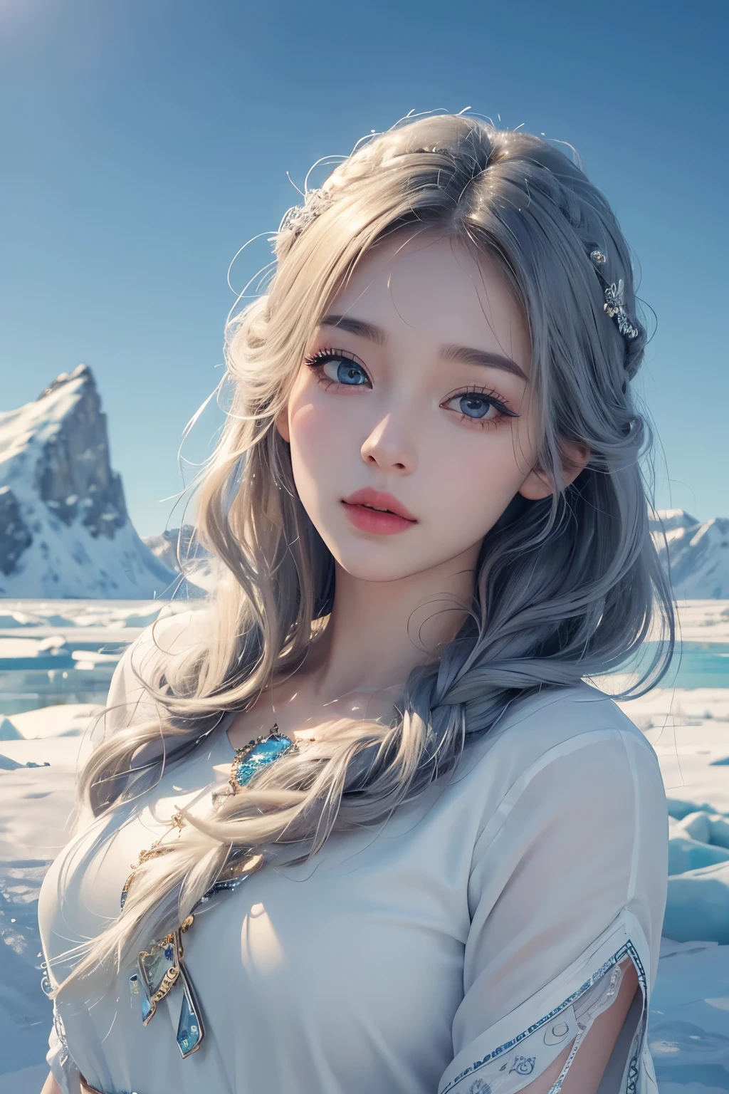 1 girl, beauty in the arctic, Exquisite eyes,beautiful and delicate lips,very detailed 눈과 얼굴,long eyelashes, with short permed hair, enchanted scenery,(best quality,4K,8 thousand,high resolution,masterpiece:1.2),very detailed,(realistic,realistic,realistic:1.37), dynamic pose, flock of penguins, fur-clad,