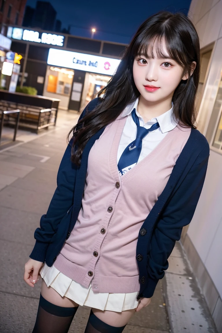 (8K), (highest quality: 1.2), (realistic), (realistic: 1.37), ultra high resolution, (1 girl, cute, smile, closed mouth, thick lips,red lip,beautiful details, beautiful nose, (straight black hair), giant dulcefo, self snap,(school uniform),(pink cardigan),white shirt,tie,check pleated skirt,(Blue knee-high socks),Standing in the city at night, From above,close up of face,thin necklace,(Medium Shot:1.2),